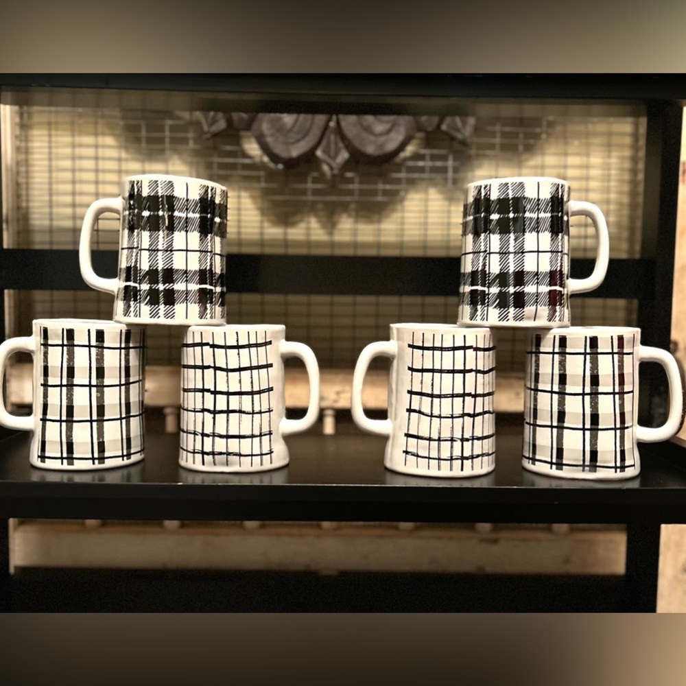 NEW Set of 6 Farmhouse Black & White Plaid Ceramic Coffee Tea Cups Mugs - Picture 12 of 15